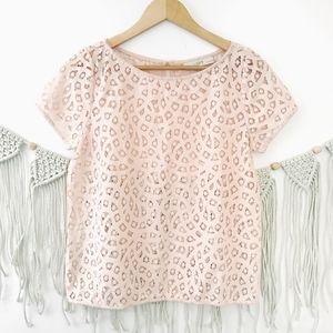 Loft Floral Lace Keyhole Short Sleeve Blouse S A12